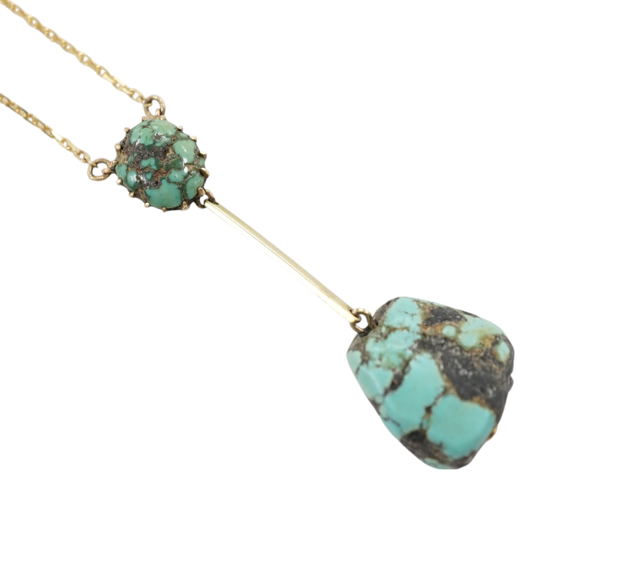 A 375 and two stone turquoise drop pendant necklace, overall 54cm, gross weight 5 grams. Condition - fair